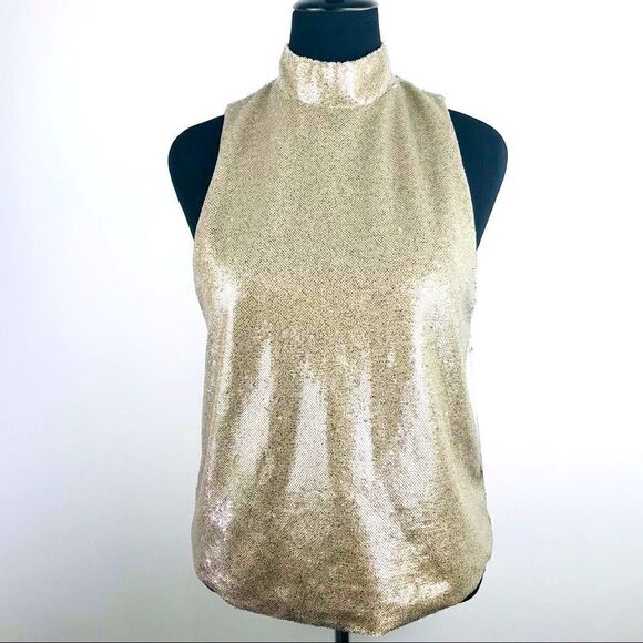 Forever 21 Gold All Over Sequin Halter Cut Fully Lined Holiday Top NEW - Picture 1 of 10
